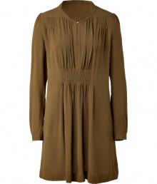 Sweet, romantic dress in golden olive silk with decorative pleats - Features decorative tucks and gathering at the waist  and shoulders -  Loose, soft case - Long, loose sleeves with buttoned cuffs and rounded V-neckline - Wear to the office and out after with opaque stockings and heels, booties or flats