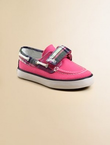 Classic boat shoes get a stylish update with grip-tape closure, plaid trim and an embroidered pony.Hook-and-loop grip-tape closureCotton canvas upperPlush terry liningRubber solePadded insoleImported Classic boat shoes get a stylish update with grip-tape closure, plaid trim and an embroidered pony.Hook-and-loop grip-tape closureCotton canvas upperPlush terry liningRubber solePadded insoleImported