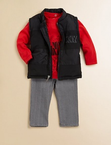 DKNY in large graphic letters is at the center of this street-cool look, topped with a quilted vest and cotton denim pants. Zip-front quilted vest with embroidered logo on chestLong-sleeve tee with ribbed crewneck and center logoJean pants with snap close, back elastic waist, back patch pocketsVest: polyester/polyfillTee: cotton/polyesterJeans: cottonMachine washImported DKNY in large graphic letters is at the center of this street-cool look, topped with a quilted vest and cotton denim pants. Zip-front quilted vest with embroidered logo on chestLong-sleeve tee with ribbed crewneck and center logoJean pants with snap close, back elastic waist, back patch pocketsVest: polyester/polyfillTee: cotton/polyesterJeans: cottonMachine washImported