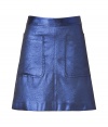 This whimsical skirt of glittery blue lame is just the boost your wardrobe is looking for -  Slim, short A-line cut has a fun retro look that contrasts with a futuristic glitter finish - Features two oversized patch pockets, two welt pockets, and an exposed back half-zip closure - Pair with sexy silk tank and platform wedges for a show-stopping night out
