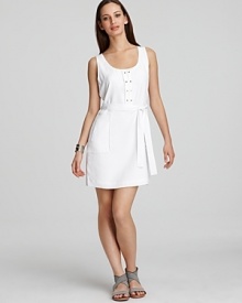 Crisp white lends a summer-perfect feel to Elie Tahari's luxe tencel dress. Strappy flats and a metallic cuff finish with cosmopolitan chic. Crisp white lends a summer-perfect feel to Elie Tahari's luxe tencel dress. Strappy flats and a metallic cuff finish with cosmopolitan chic.