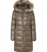 Stay warm while maintaining your impeccable style in this lightweight yet luxe down jacket from Duvetica - Fur-trimmed hood, stand collar, concealed front two-way zip closure, long sleeves, zip pockets, quilted, mid-thigh length - Wear with an elevated jeans-and-tee ensemble and shearling lined boots