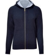 Luxe pullover in sumptuous, cashmere and silk blend - Truly comfortable, thanks to a generous amount of stretch - Elegant navy exterior and light grey lining - Drawstring hood and kangaroo pockets - Zips at front - A stylish, classically cool go-to in any wardrobe - Versatile and elegant, ideal for everyday - Pair with chinos, jeans and shorts