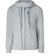 Everyday luxury with this thick Heather grey cotton hoodie - Slim, causal cut with decorative accent stitching - Long arms, open side pockets and front zip - Small front pocket with zip - Classy basic piece - Wear with jeans, chinos or shorts