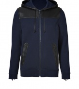Detailed with slick tonal paneling, Marc by Marc Jacobs navy hoodie is an edgy way to dress up laid-back looks - Drawstring hood, long sleeves, zippered cuffs, zippered front pockets, zippered front - Slim fit - Wear with jeans and biker-style boots