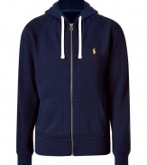 Sporty separates are casual wardrobe essentials, and this Polo Ralph Lauren navy cotton fleece zip up has enduring appeal - Slim, straight cut - Classic hoodie style, with drawstrings, kangaroo pockets and full zipper - Banded waist and cuffs - Embroidered polo pony logo at chest - Easy and indispensable, perfect for pairing with jeans, chinos, shorts or sweatpants