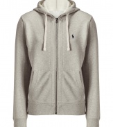 Sporty separates are casual wardrobe essentials, and this Polo Ralph Lauren light grey cotton fleece zip up has enduring appeal - Slim, straight cut - Classic hoodie style, with drawstrings, kangaroo pockets and full zipper - Banded waist and cuffs - Embroidered polo pony logo at chest - Easy and indispensable, perfect for pairing with jeans, chinos, shorts or sweatpants