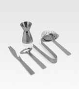 A convenient set of five essential bar tools in stainless steel makes mixing a breeze. From the Placid Collection Set includes tongs, strainer, opener, knife and jigger Hand wash Imported