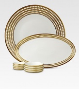 A beautiful serving platter in fine Limoges porcelain, made entirely by hand and finished with individually-applied 14k gold along the pearl border. From the Perlee Gold Collection Porcelain 14 diam. Dishwasher safe Imported 