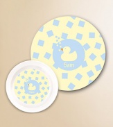 Mealtime will never be the same once the little gal or guy in your life has a personalized plate and bowl. Crafted from break-resistant melamine that's sure to withstand their every move. Includes 10 plate and 20-ounce bowl Dishwasher safe Made in USA FOR PERSONALIZATION Select a quantity, then scroll down and click on PERSONALIZE & ADD TO BAG to choose and preview your personalization options. Please allow 2 weeks for delivery.