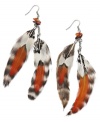 Spread your wings. Doubled feathers in animal print and rust-colored hues adorn Ali Khan's fashionable earring style. Set in silver tone mixed metal with semi-precious carnelian and red jasper chips. Approximate drop: 4-1/2 inches.