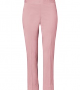 Chic pants in fine, cotton stretch blend - On-trend in pale pink - Slim cut crops at ankles - Slim, medium rise flat front, with side zip and welt pockets at rear - Crease detail flatters and elongates the leg - Elegant and ultra-versatile, ideal for work or weekend - Pair with a cardigan, simple t-shirt or tank and leather flats, or dress up with a silk blouse, blazer and peep toe pumps