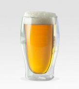 A unique design in mouthblown, double-wall crystal provides clever insulation so your beer maintains its temperature long after its been poured. The suspended visual effect also makes for a compelling presentation. Set of 4 16-ounce capacity 6 high Dishwasher safe Imported 