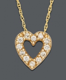Liven up your love with this sparkling diamond heart necklace. Small heart pendant features round-cut diamond (1/8 ct. t.w.) set in 14k gold. Approximate length: 18 inches. Approximate drop: 1/4 inch. Liven up your love with this sparkling diamond heart necklace. Small heart pendant features round-cut diamond (1/8 ct. t.w.) set in 14k gold. Approximate length: 18 inches. Approximate drop: 1/4 inch.