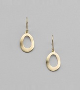 An asymmetrically shaped open oval disc of 18k yellow gold has an artful appeal. 18k yellow gold Drop, about 1 ¼ Ear wire Imported