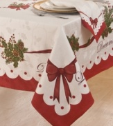 Embrace what's beautiful about the season with the Christmas Peace and Joy runner. Words of inspiration, holiday bouquets and red bows embellish holly damask for graceful – and in a machine washable blend – easy entertaining.