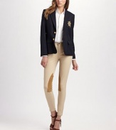 Crafted with traditional equestrian styling, this iconic silhouette features supple suede patches and snapped hems, all rendered in a stretch cotton twill.Low-rise belted waist with a charm accent Angled zip-pockets at hims Slim hip with shaping seams for a contoured fit Suede knee patches Snap tabs at hem Inseam, about 26 92% cotton/8% elastane Dry clean Imported