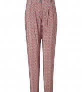 Stylish pants made ​.​.of fine, green and pink patterned silk - Fashionable silhouette, with a high waist and pleats - Narrow, but casual cut in hip cropped length - Two side pockets, back flap pockets - Wow pants are super-trendy - Wear with a simple tee, boyfriend cardigan and platform heels, or with a silk tank, cross-body purse and ballet flats
