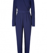 A modern take on eveningwear, Rachel Zoes royal blue crepe jumpsuit is a sleek choice for added an understated edge of glamour to your look - Notched V-neckline, long sleeves, wrapped front with button closure, pleated pants, side slit pockets, belted waistline, belt loops - Softly tailored, tapered leg - Team with sparkly jewelry and flawless pumps