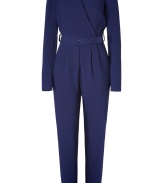 A modern take on eveningwear, Rachel Zoes royal blue crepe jumpsuit is a sleek choice for added an understated edge of glamour to your look - Notched V-neckline, long sleeves, wrapped front with button closure, pleated pants, side slit pockets, belted waistline, belt loops - Softly tailored, tapered leg - Team with sparkly jewelry and flawless pumps