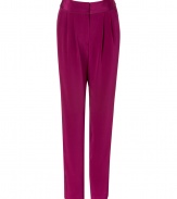 Work a vivid color pop into your luxe tailored look with Sophie Theallets bright purple harem pants, an exquisitely crafted choice with that distinctively French feel - Flat waistband, tonal satin trim throughout, pleated front, side slit pockets, hidden hook closure, printed lining detail - Softly tailored, relaxed fit - Wear with fitted tops, sleek leather accessories, and statement jewelry