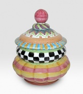 Pure American charm, handcrafted and individually painted by master ceramics artisans in an array of checks, stripes and carnival colors. For an especially one-of-a kind touch, each piece bears the hand-placed stamps of the artisans who created it. Dishwasher- and microwave-safe 24-ounce capacity 9W X 6H Made in USA
