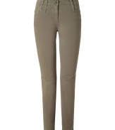 Stylish, straight-leg pants in olive colored stretch cotton are a update on your classic chinos - Features double belt loops, two flap pockets at back, darts at knee, a narrow waist and 7/8-length - Wear with oversized sweater and ankle boots for a downtown trendy look, or take to work with a feminine blouse, blazer and heels
