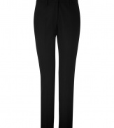 These elegant cropped trousers from Steffen Schraut can be easily dressed up or down - Flat front, off-seam pockets, back welt pockets, cropped silhouette, straight leg, strap details at back ankle - Pair with a tie-neck silk blouse, a fitted blazer, and classic pumps