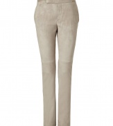 With a classic chino cut, these ultra-luxe suede pants from Ralph Lauren are a trend-right alternative to your tried-and-true trousers - Button tab front, on-seam pockets, back welt pockets with button, slim legs with seam detail above knee - Pair with a sheer blouse, a slim blazer, and platform heels