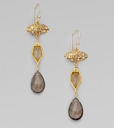 Faceted drops of smoky quartz and moonstone hang elegantly from Swarovski crystal-encrusted oval medallions.Smoky quartz, moonstone and crystal18k goldplatedDrop, about 2¼Ear wireMade in USA