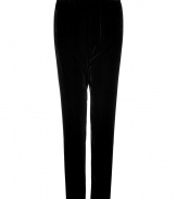 Ultra stylish black velvet pants from LAgence - With an on-trend harem silhouette, these velvet pants combine edge and sophistication - Harem silhouette, elastic waistband, tapered leg, stripe detail - Style with a bustier-style tank, a boyfriend cardigan, and platform wedges