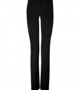 Ultra-luxe trousers in fine, black viscose blend - Modern silhouette features long and narrow legs with a slight flare - Figure-flattering stretch, pleats and two back slit pockets - High seat, flat front with zipper - Incredibly versatile and essential for the office and nights out - Pair with a silk blouse, colorful cashmere cardigan and leg-lengthening heels