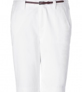 Bring high style to your casual look with these flattering and versatile Bermuda shorts from Steffen Schraut - Flat front, off-seam pockets, belted loops, detachable leather belt, back welt pockets with button - Style with a billowy blouse and heels for a dressed up day look, or a tee and sandals for effortless comfort
