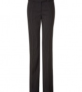 Perfect for work or early evening cocktails, these versatile pants from Michael Kors inject sophisticated flair into any ensemble - Button tab waist, belt loops, front crease, off-seam pockets, back welt pockets with button, straight leg, all-over pinstripe - Pair with a tie-neck blouse, a bold shoulder blazer, and wedge heels