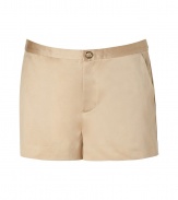 Polished and pretty these khaki shorts update the preppy look with a sateen shine - Made of 100% cotton they feel great on and are the perfect weight for summer style - Features slim, side pockets, and two back pockets, short zip and gold-colored button - Feminine length is short but sophisticated - Wear with a simple cotton tank, metallic leather thongs and a favorite oversized tote