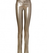 Fashion-forward looks get an ultra futuristic edge in Plein Suds shimmering metallic stretch skinnies - Front slit pockets, hidden hook and button closures, belt loops, extra form-fitting - Play with textures and pair with chunky modern knits and sleek suede ankle boots