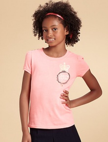 With the Juicy Couture crest, slightly puffed sleeves and decorative buttons, this comfy cotton tee is anything but basic.CrewneckShort sleevesButton detail at shoulder60% cotton/40% polyesterMachine washMade in USA With the Juicy Couture crest, slightly puffed sleeves and decorative buttons, this comfy cotton tee is anything but basic.CrewneckShort sleevesButton detail at shoulder60% cotton/40% polyesterMachine washMade in USA