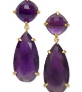 Adorn yourself with the season's hottest hues: jewel tones! These eye-catching earrings feature two faceted, round and pear-cut amethyst drops (24-1/10 ct. t.w.) in an 18k gold over sterling silver setting. Approximate drop length: 1-1/2 inches. Approximate drop width: 1/2 inch.