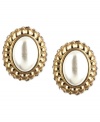 Fabulously framed, the glass pearls on these Jones New York button earrings are surrounded by shimmering accents. Crafted in worn gold tone mixed metal. Approximate diameter: 3/4 inch.