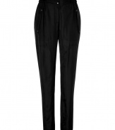 Stylish pant in fine, pure black silk - A chic twist on a classic from eco-friendly label Edun - Soft, lightweight fabric has a subtle sheen - Slimmer through legs, roomier through waist and thighs - Higher rise, with elasticated ruched waist and snap closure - Two oversize pockets with grommet detail at hips - Flattering flap pockets at rear - Polished and versatile, ideal for both work and play - Pair with a silk blouse or a t-shirt and blazer and pumps or ankle booties