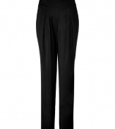 Elegant trousers in a mix of fine silk and viscose - A thoughtful touch of elastic make them wonderfully comfortable and incredibly flattering- Design features a broad saddle, pleats and a slim leg - A must-have basic, pants transition seamlessly from business to evening- Features two streamlined pockets at the hips - Style with trendy ankle boots and a sexy silk blouse in a bold color