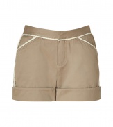 Stylish shorts in fine, pure creamy brown washed cotton - Cream rope piping lends the look a touch of on-trend, maritime chic - Wide, cuffed hem and tab closure waist - Flap pockets at rear, diagonal pockets at sides - Medium rise sits comfortably at hips - A feminine, summer-ready take on casual, utilitarian cool - Pair with t-shirts, button downs or tunic tops and leather sandals or wedges