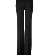 Luxurious trousers of fine black wool are a staple for any business wardrobe - New silhouette features narrow, flared leg and figure-flattering pleats - Hipster seat with wide waistband and belt loops - Classic twist on a modern polished look, perfect for the office, or sophisticated evening functions - Pair with blouses, tops and cardigans, and favorite heels