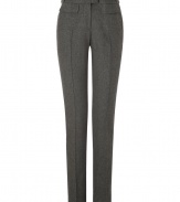 Bring trend-right style to your workweek chic with these slim flannel pants from Steffen Schraut - Button tab detailed waistband, belt loops, flap pockets, front seam at leg, back welt pockets, slim fit, straight leg - Pair with a tie-neck silk blouse, a fitted blazer, and classic pumps