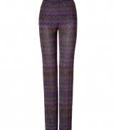 Channel the sophisticated side of the 1970s in these ultra lavish Lurex printed pants from Missoni - High-waisted, flat front, straight leg, fitted silhouette, all-over knit print - Wear with a tie-front blouse, a bold-shoulder blazer, and platform pumps