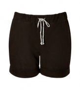 Sporty goes luxe with these trend-right suede drawstring slouchy shorts from LAgence - Drawstring waist, off-seam pockets, rolled hem, slouchy silhouette - Style with an oversized cashmere pullover, ribbed tights, and platform booties