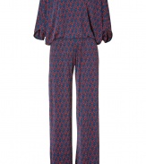 Take a modern stance on cocktail attire with Issas navy and red silk printed jumpsuit, perfect for taking chic days at the office into after-hours elegance - Boat-neckline, 3/4 length draped sleeves, tailored at the waist, open back with a button closure at the nape - Pair with strappy sandals and bright red accessories