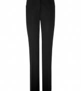Add a sophisticated kick to your workweek ensembles with these streamlined trousers from Steffen Schraut - Flat front, belt loops, slit pockets, back welt pockets with buttons, straight leg with crease details, slim fit - Pair with a tie-neck silk blouse, a fitted blazer, and classic pumps