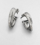 From the Silver Ice Crossover Collection. An arc of sterling silver crisscrosses one of pavé diamonds set in 14k white gold in graceful half hoops. Diamonds, 0.34 tcw Sterling silver and 14k white gold Diameter, about ½ Post back Made in USA
