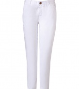 Stunning summer pants in white cotton - looks clean, fresh and pure - great for hot days on vacation, in the city - mega trendy 3/4 mid-calf length - typical chino cut, i.e. pretty casual, relaxed and comfortable cut -  pants have a slightly higher waist, belt loops, marked button closure - nice with the new wedge-heels (wedge heels make your legs look slender)